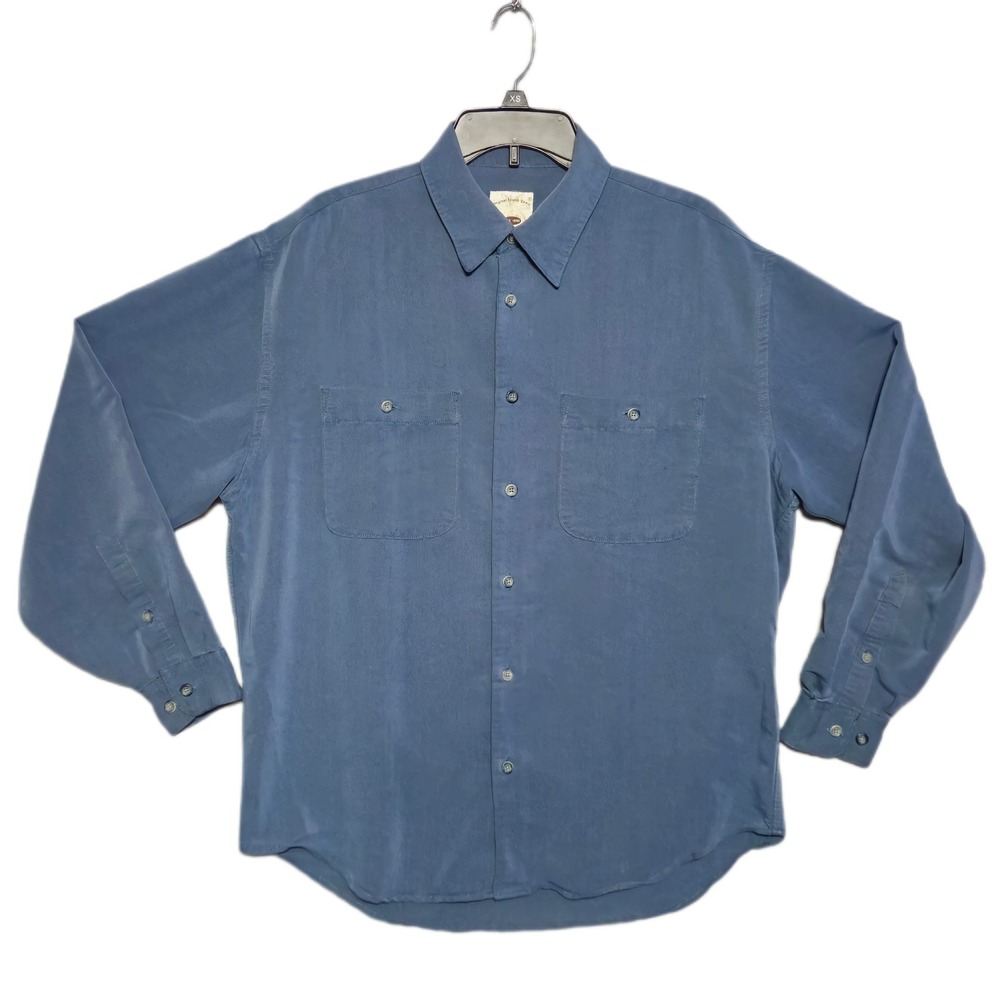 Original Island Sport Shirt Mens Large Blue Rayon Blend Herringbone Button Down